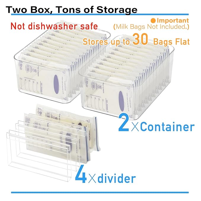 Breastmilk Storage Container with 4 Freezer Flattener Kit to Flatten Standing Breast Milk Bags in Organizer Bins Save Refrigerator Space |Horizontal Storage-CubbioJoy