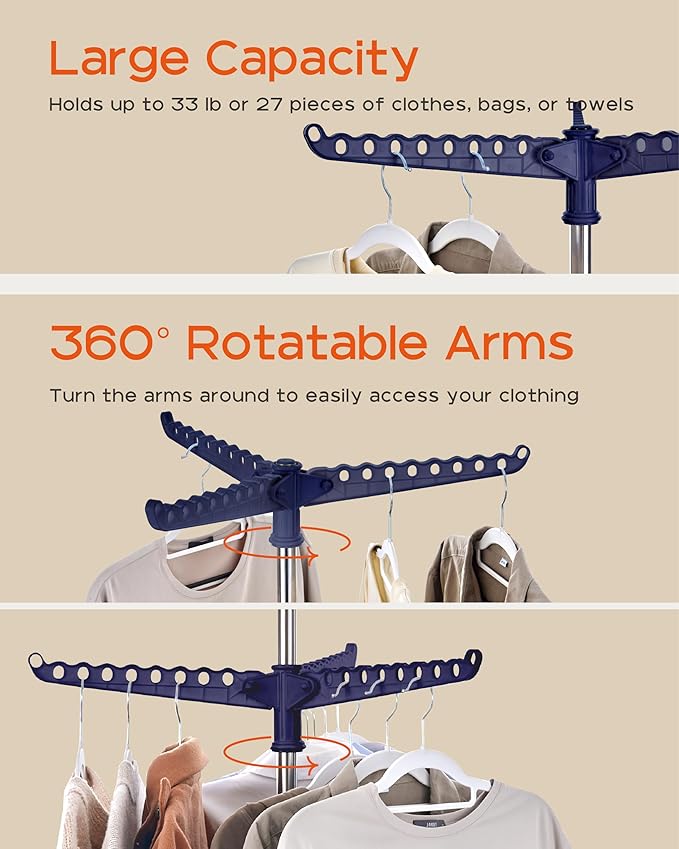 Clothes Drying Rack Foldable, 74.8 inch 2 Tier Laundry Drying Rack with Rotating Clothes Rail for 54 Pieces of Clothes, Space Saving, Indoor, Stainless Steel, Blue and Silver CDR002Q01-CubbioJoy