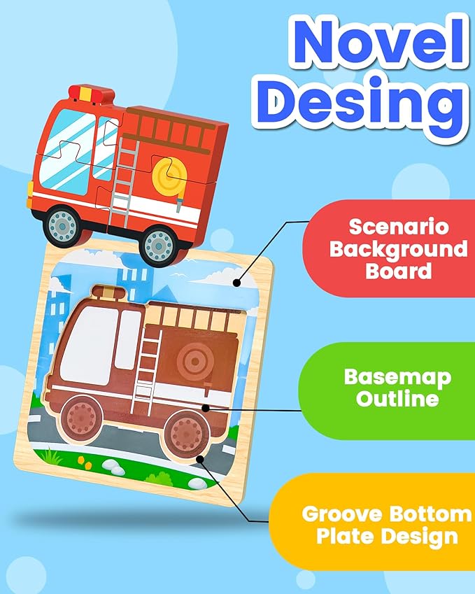 Benresive Wooden Toddler Puzzles, Montessori Toys for 1 2 3 Year Old Boys, Toys for 1 2 3 Year Old Boy Birthday Gifts, 6 Pack Vehicle Toddler Learning Educational Puzzles-CubbioJoy