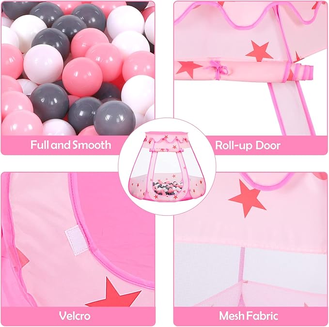 Baby Ball Pit for Toddler with 50 Balls, Kids Pop Up Play Tent for Girls, Princess Toys for Children Indoor & Outdoor Playhouse with Carry Bag (Pink: Pink/White/Gray, 109x90cm/50 Balls)-CubbioJoy