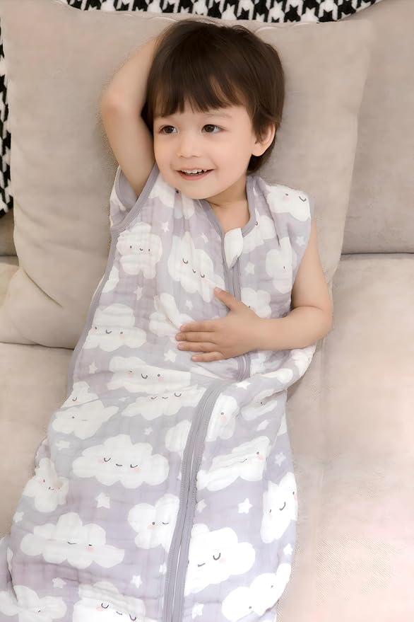 Baby Sleep Sack 2-4 T Baby Wearable Blanket 100% Organic Cotton 0.5 TOG Toddler Sleep Sacks 2- Way Zipper Soft 4 Layers 2T 3T 4T Cloud-CubbioJoy