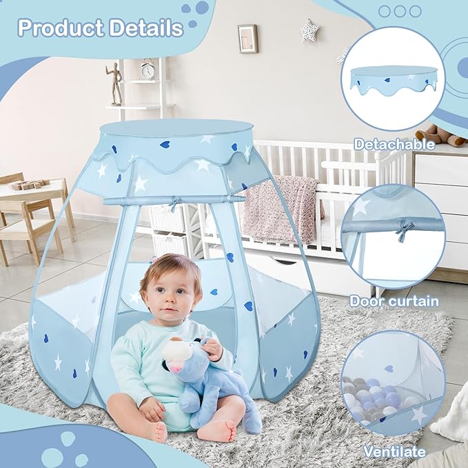 Baby Ball Pit for Toddler with 50 Balls, Kids Pop Up Play Tent for Girls, Princess Toys Gifts for Children Indoor & Outdoor Playhouse (Greyish-Blue: Gray/White/Babyblue, 109x90cm/50 Balls)-CubbioJoy