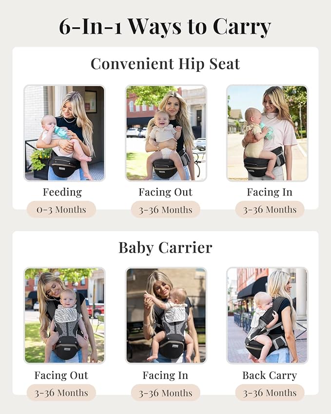 Baby Carrier Pro, MOMTORY Safety-Certified 6-in-1 Ultra Storage Baby Carrier Newborn to Toddler, Front & Back Baby Holder Carrier with Hip Seat, Pure Black-CubbioJoy