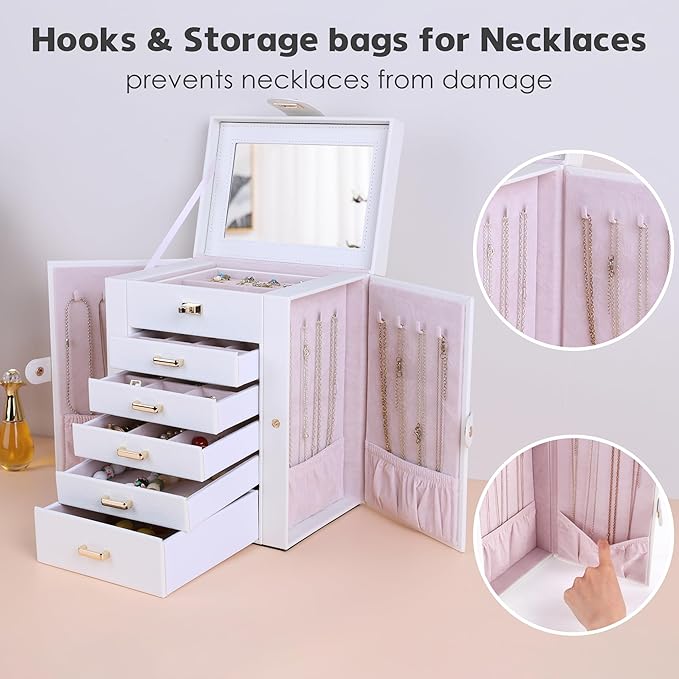 Kendal Jewelry Box, 6-Layer Jewelry Storage Organizer for Necklace Bracelet Rings Watch, 10.2"x8.2"x6" Classic PU Leather 5 Drawers Large Storage Capacity with Mirror-CubbioJoy