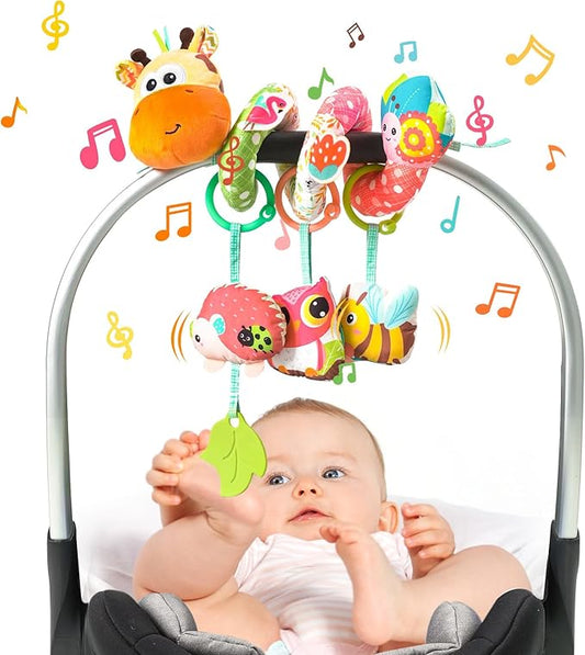 Jollybaby Crib Stroller Car Seat Toys for Baby 0-3-6-9-12 Months, Tummy Time Hanging Sensory Toys for Newborn with Music Box and Teether, Spiral Carseat Toy for Infant Boys Girls Gifts (Yellow)-CubbioJoy