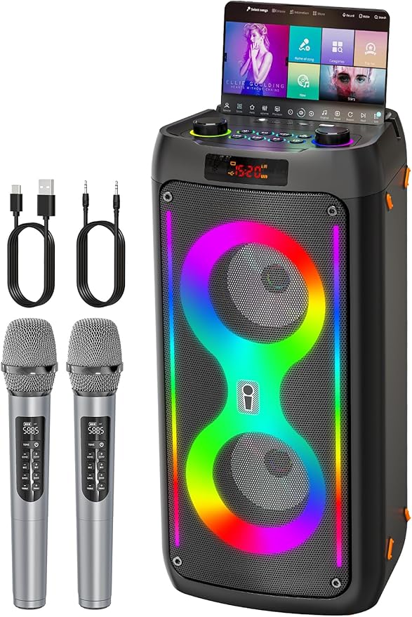 Karaoke Machine for Adults, Portable Bluetooth Speaker with 2 Wireless Microphones, PA System with Disco Lights for Big Party, Outdoor, Supports USB/TF/REC/FM/AUX, Ideal Gifts for Family, Music Lover-CubbioJoy
