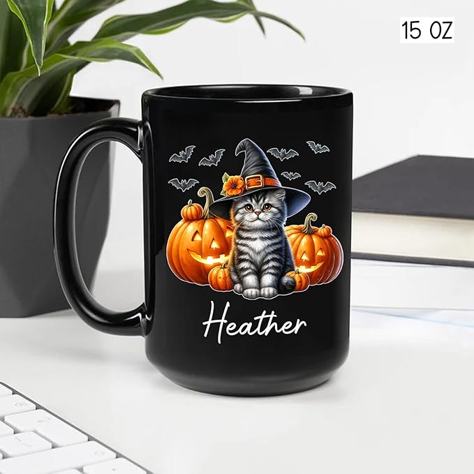 Customized American Shorthair Wearing Witch Hat Cup, Personalized Name American Shorthair Coffee Mugs, Cat with Pumpkins Ceramic Cups, Cat Halloween Black Mug 11oz 15oz, Gift for Halloween-CubbioJoy