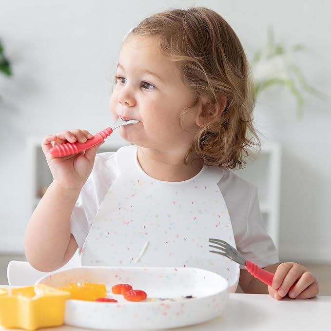 Bumkins Toddler Utensils, Kids Size Fork and Spoon Set, Silicone and Stainless-Steel Training Silverware, Angled Forks / Sporks for Self-Feeding, Children Hold Learning to Eat, 18 Months Up, Red-CubbioJoy