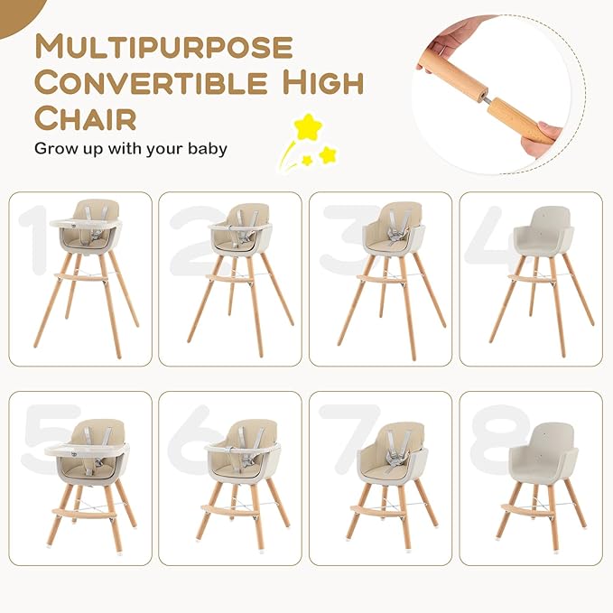 BABY JOY Convertible Baby High Chair, 3 in 1 Wooden Highchair/Booster/Chair with Removable Tray, Adjustable Legs, 5-Point Harness, PU Cushion and Footrest for Baby, Infants, Toddlers (Beige)-CubbioJoy