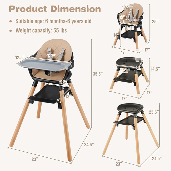 BABY JOY Baby High Chair, 6 in 1 Convertible Wooden High Chair for Babies & Toddlers with Adjustable Legs, Double Removable Tray, Safety Harness & Waterproof PU Cushion (Coffee)-CubbioJoy