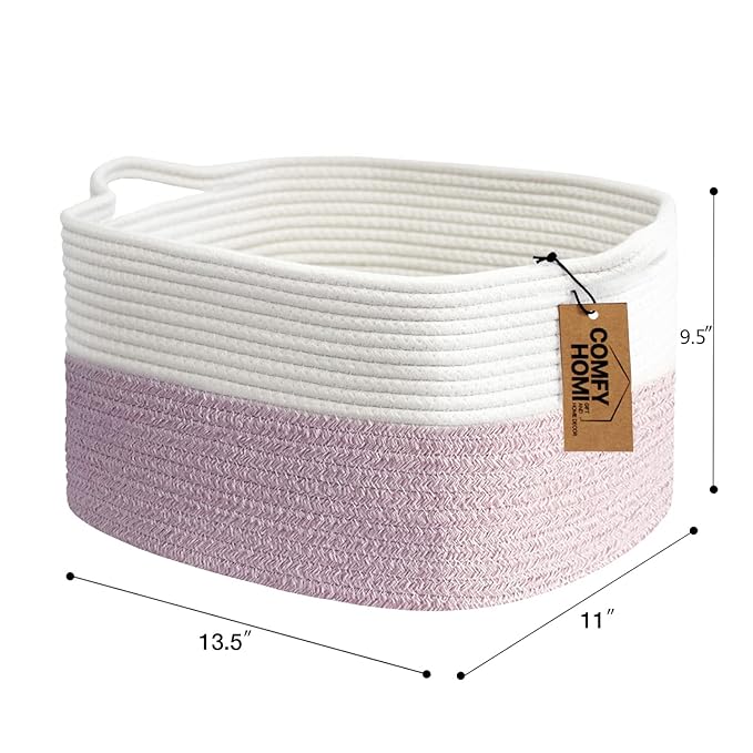 COMFY-HOMI Cotton Rope Woven Medium Basket with Handles for shelf，Cloth Storage Basket for Organizing-13.5X11X9.5 Storage Bin for Bedroom, Newborn or Infant Gift for boy girl （White/Pink）-CubbioJoy