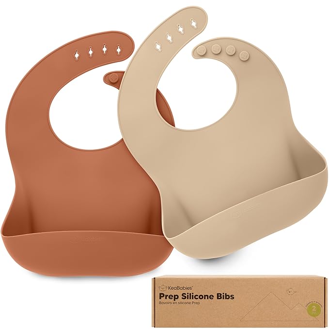 KeaBabies 2-Pack Silicone Baby Bibs for Eating - Sturdy Food-Grade Silicone Bibs for Babies Girl, Boy, Large Food Catcher, Clean & Put On Easily, Waterproof Toddler Feeding Essentials (Terracotta)-CubbioJoy
