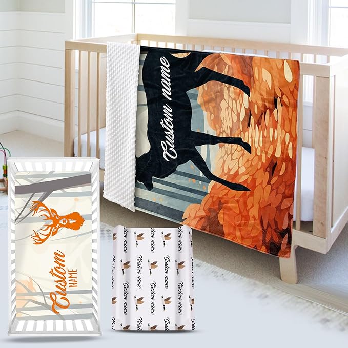 Custom Name Crib Bedding Set - Orange Sika Deer Pattern, Personalized Nursery Bedding 3-Piece Set– Soft Blanket, Fitted Sheet, Changing Pad Cover – for Newborns Girls Nursery Gifts-CubbioJoy