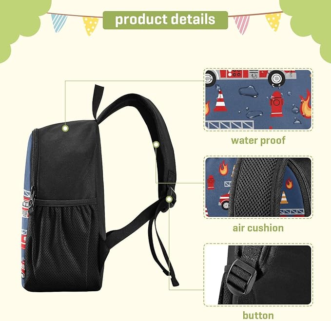 Cartoon Fire Trucks Toddler Backpack Waterproof Mini Backpack Boys/Girls Cute Small Backpack Kindergarten Pre School Bags 13 Inch-CubbioJoy
