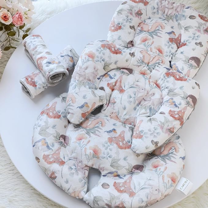 Infant Car Seat Insert, Car Seat Head Support Baby Girls Boys, Soft & Reversible Newborn Carseat Insert Cushion with 2 Strap Covers, for Stroller, Swing, Bouncer (Gray Animals)-CubbioJoy