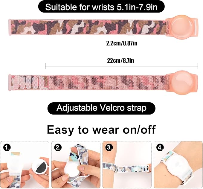 Compatible with Apple AirTag Bracelet for Kids, Camo Nylon Air Tag Wristband, Protective Case for Airtag GPS Tracker Holder, Adjustable Anti Lost Watch Band for Toddler Child Elder (Pink)-CubbioJoy