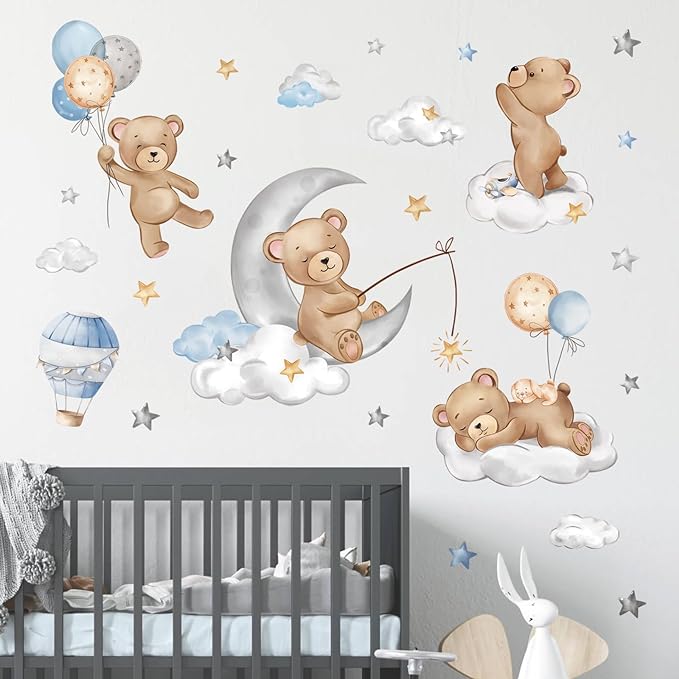 decalmile Bear Sleeping on The Moon Wall Decals Hot Air Balloon Animals Clouds Wall Stickers Baby Nursery Kids Bedroom Playroom Wall Decor-CubbioJoy
