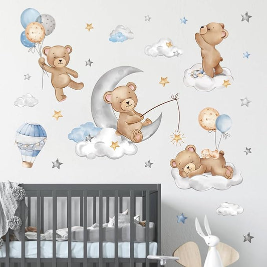 decalmile Bear Sleeping on The Moon Wall Decals Hot Air Balloon Animals Clouds Wall Stickers Baby Nursery Kids Bedroom Playroom Wall Decor-CubbioJoy