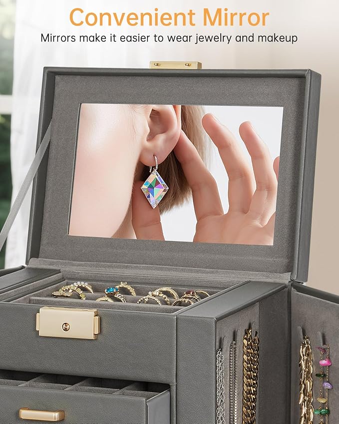 AKOZLIN 4-Tier Jewelry Box Leather Jewelry Storage Organizer with 3 Drawers Lockable for Women Girls Ring Necklace Earring Bracelet Holder with Mirror Dark Grey-CubbioJoy