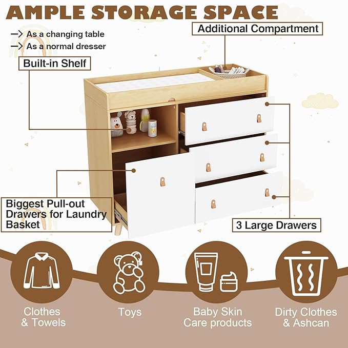 Baby Dresser Changing Table with Drawers,Shelf,Hidden Laundry Basket Storage,2 in 1 Nursery Dresser Chest for Infants, Baby Diaper Changing Station for Daycare,Bedroom,Natural-CubbioJoy