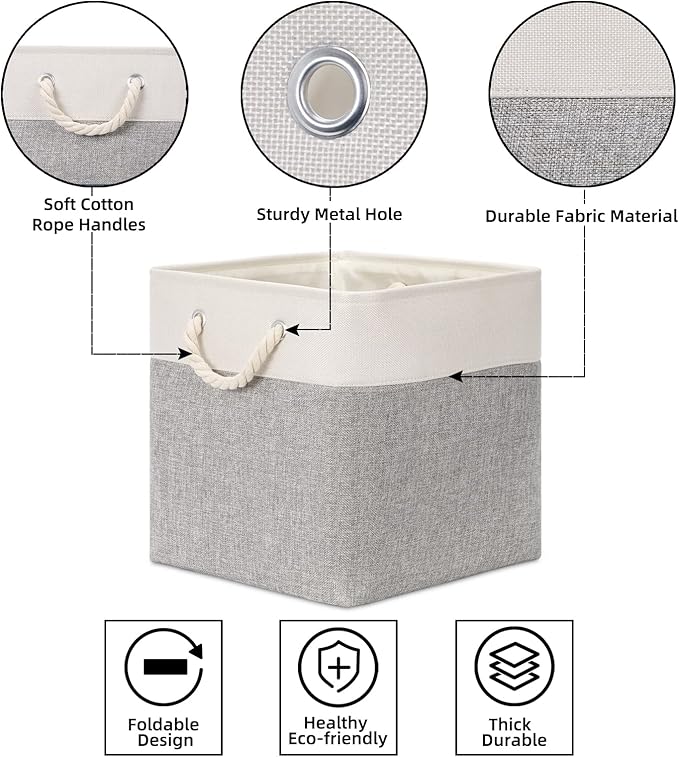 Bidtakay Fabric Basket Set - Large Square Organizer Bins, 13x13, Set of 3, White & Grey-CubbioJoy