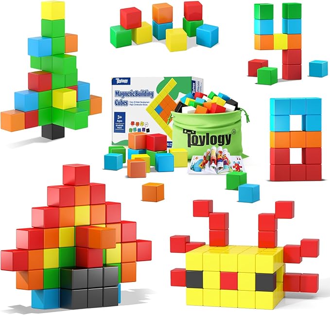 48PCS Magnetic Blocks for Toddlers Toys, Large Magnetic Cube Toy for Sensory STEM Education Preschool Magnet Toys for 3 4 5 6 Year Old Boys and Girls, Compatile with Mine Magnet World-CubbioJoy