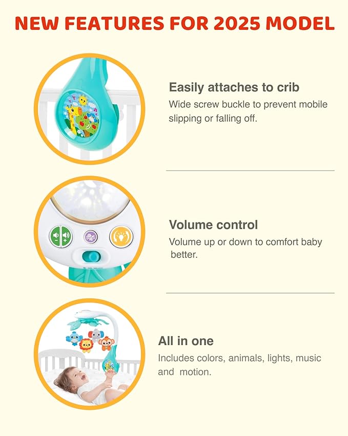 KiddoLab Baby Crib Mobile with Relaxing Music. Includes Ceiling Light Projector with Stars, Animals. Musical Crib Mobile with Timer. Nursery Toys for Babies Ages 0 and Older (New 2025 Model)-CubbioJoy
