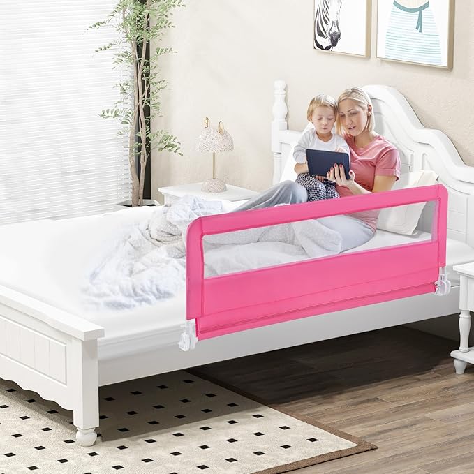 BABY JOY Bed Rails for Toddlers, 59'' Extra Long, Swing Down Bed Guard w/Safety Straps, Folding Baby Bedrail for Kids Twin, Double, Full Size Queen & King Mattress (Pink, 59-Inch)-CubbioJoy
