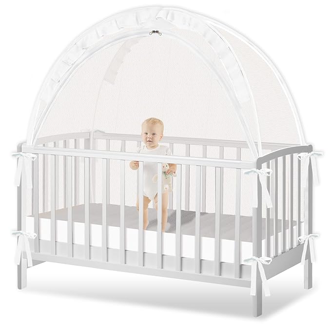 Crib Tent to Keep Baby from Climbing Out - Crib Net to Keep Baby in - Pop Up Breathable Cribs Cover - Canopy with Upgrade Strong Mesh and Durable Zipper (White, Lager)-CubbioJoy