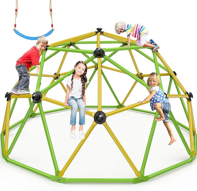 Climbing Dome, 10FT Jungle Gym with Swing for Kids 3 to 10 Outdoor Play Equipment, Supports 800lbs Toddler Play Set, Anti-Rust & Easy Assembly, Gift for Boys Girls (Yellow & Green)-CubbioJoy