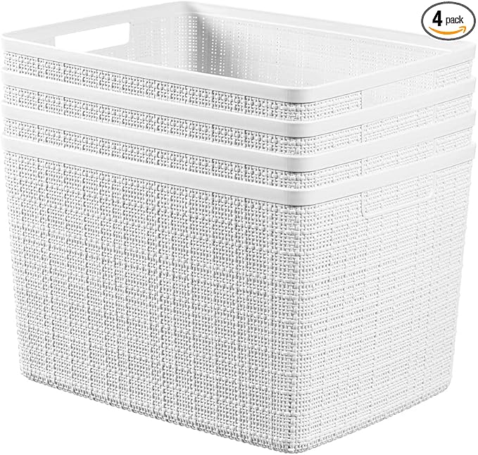 Curver Set of 4 Jute Large Decorative Plastic Organization and Storage Baskets, Perfect Bins for Home Office, Closet Shelves, Kitchen Pantry and All Bedroom Essentials, White-CubbioJoy