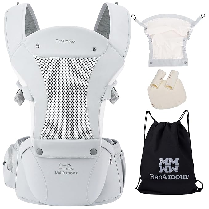 Bebamour Baby Carrier with Hip Seat,All-Position Breathable Mesh Hip Seat & Carrier 0-36Months with Head Hood, 3 PCS Teething Pads, Waist Extender,Storage Bag & Pacifier Case (Grey)-CubbioJoy
