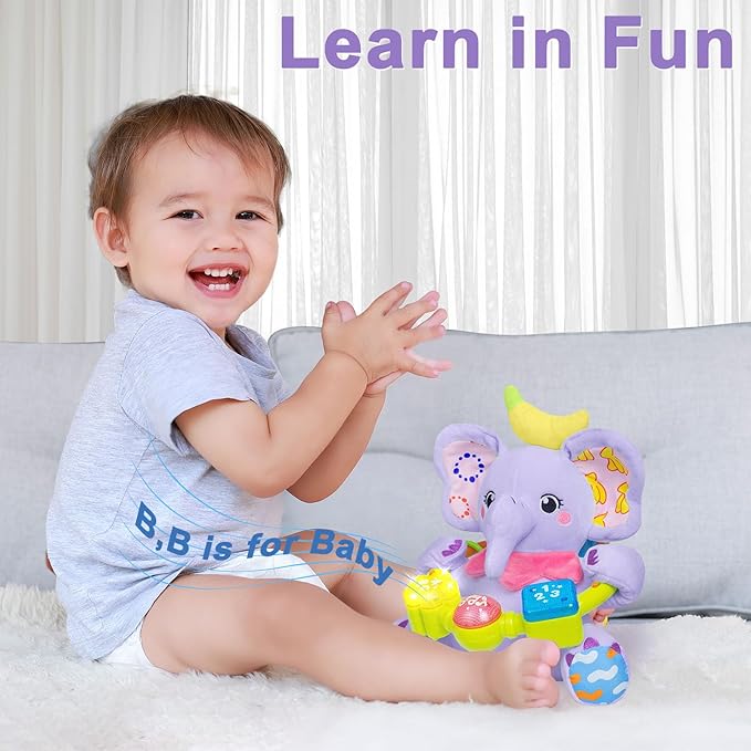 Baby Elephant Musical Stuffed Animals Toy with Light-Up Music & Crinkle Sound Paper,Infant Bilingual Early Learning Education Toys,Tummy Time Toys for 0-3-6-12+ Months Boy Girl, Purple-CubbioJoy