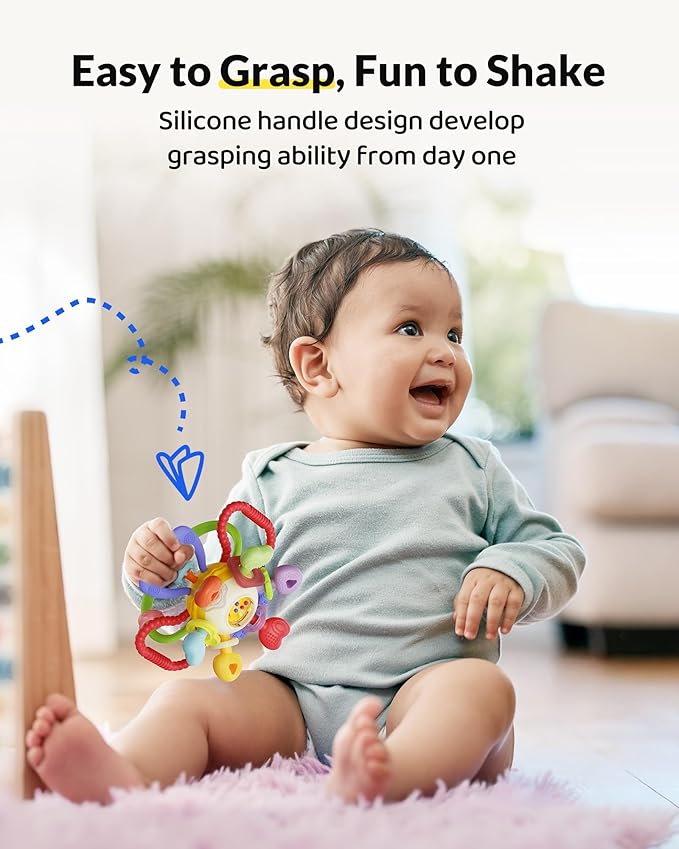 Baby Montessori Sensory Teething Toy – Safe, Multi-Functional BPA-Free Silicone Teether Toy for Babies 0-12 Months – Vibrant Rattle for Teething Relief & Fun Play – Perfect Baby Toys for Boys & Girls-CubbioJoy