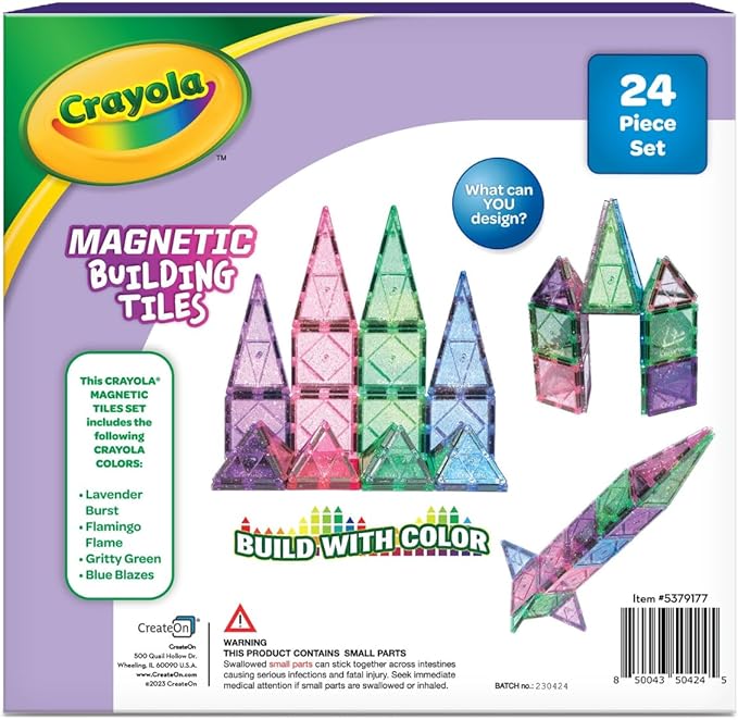 CreateOn Crayola Glitter Magnetic Tiles, Building Set for Kids, Magnetic Tiles, Kids’ Building Toys, STEM & Montessori Toys for Boys and Girls Ages 3+, 24-Piece Set (Glitter)-CubbioJoy