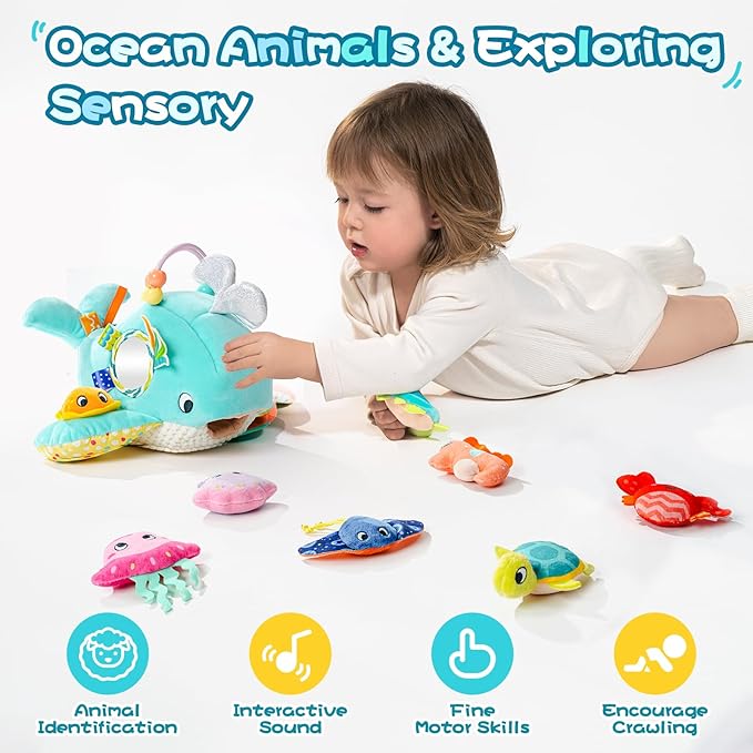 Koty Baby Toys 6-12 Months, Montessori Sensory Toys,My First Ocean Whale House Toy with 6 Sea Animals | Bell Shell, Squeaky Seahorse & Crinkle Paper | Baby Gift-CubbioJoy