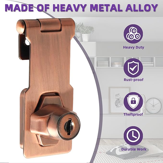 Alise Keyed Hasp Lock,3 Inch Safety Packlock Clasp Hasp Lock Latch with Lock,Door Hinge Lock with Keys Keyed Locking Hasp for Cabinets Closets Doors,Red Bronze-CubbioJoy