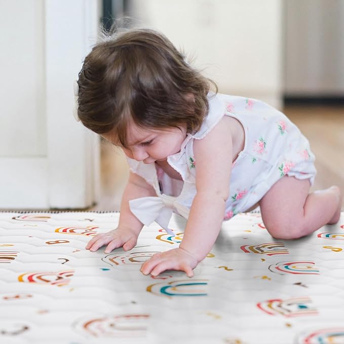 Boho Rainbow Baby Play Mat 50x50 Playpen Mat Thicken Soft Baby Crawling Mat Non-Slip Cushioned Baby Floor Mat with Letters, Activity Playmats for Babies Toddlers Play & Tummy Time (50X50,White)-CubbioJoy