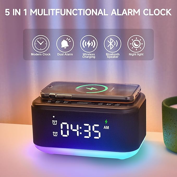 Alarm Clock Speaker Wireless Charger, Digital Alarm Clocks Bedrooms Bluetooth, Alarm Clock Dimmable Light Bedrooms Dual Alarm Snooze Dimmer 12 24H RGB Night Light Bluetooth USB AUX, Black-CubbioJoy
