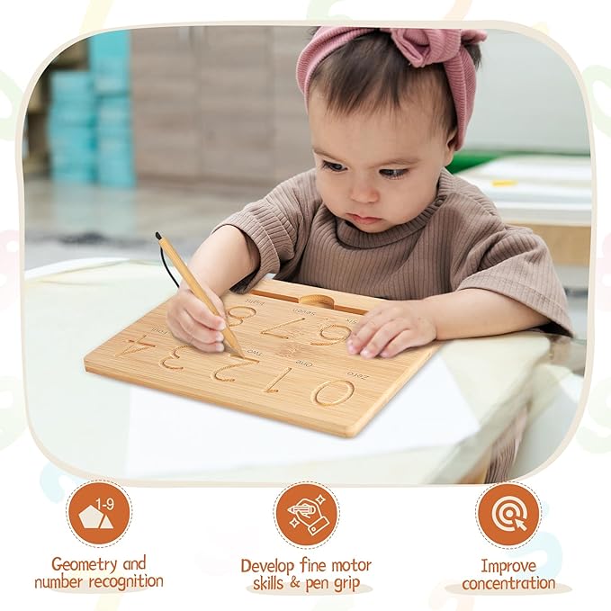 Asweets Montessori Wooden Number Practicing Board, Double-Sided Tracing Board and Shape RecognitionTool to Writing 123 Educational Toy Game for Preschool 3 4 5 Years Old Gifts-CubbioJoy