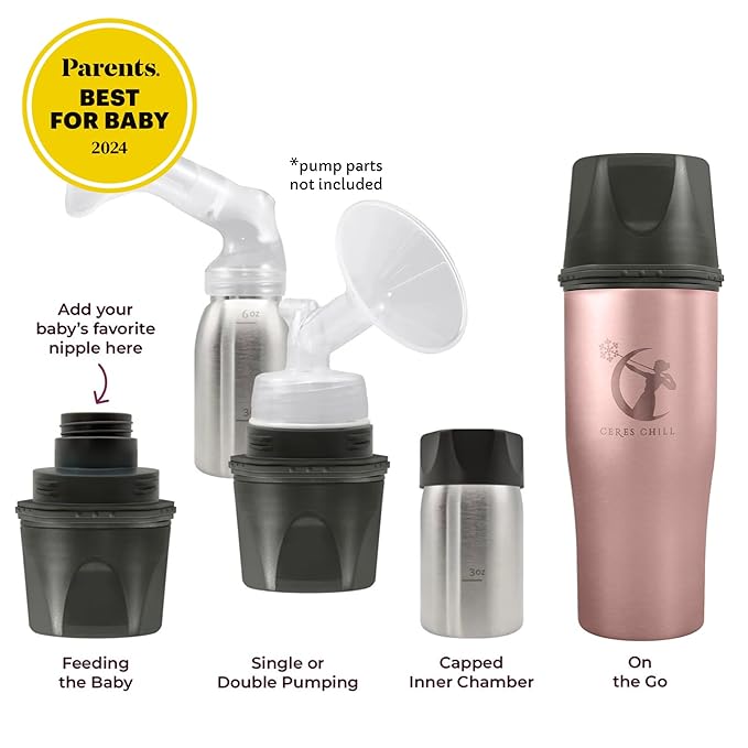 CERES CHILL Mini Breastmilk Chiller Demigoddess, Up to 12 oz. Reusable Storage Container, Keeps Milk at Safe Temperatures for Up to 16 Hours, Bottle Cooler, Connects w/Most Pumps (Rose Gold)-CubbioJoy
