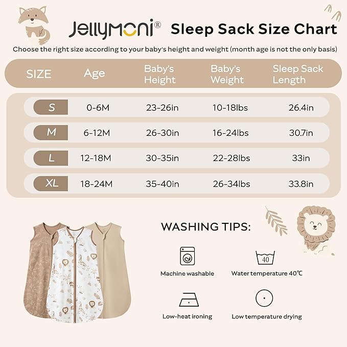 JELLYMONI Baby Sleep Sack 0-6 Months 0.5 Tog Wearable Blanket for Baby, 100% Cotton 3 Pack Infant Toddler Sleeping Sack Lightweight Soft 2-Way Zipper Sleepsack-CubbioJoy