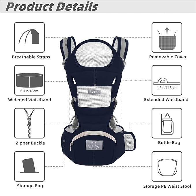 Baby Carrier Ergonomic Infant Carrier with Hip Seat Kangaroo Bag Soft Baby Carrier Newborn to Toddler 7-45lbs Front and Back Baby Holder Carrier for Men Dad Mom (Blue)-CubbioJoy