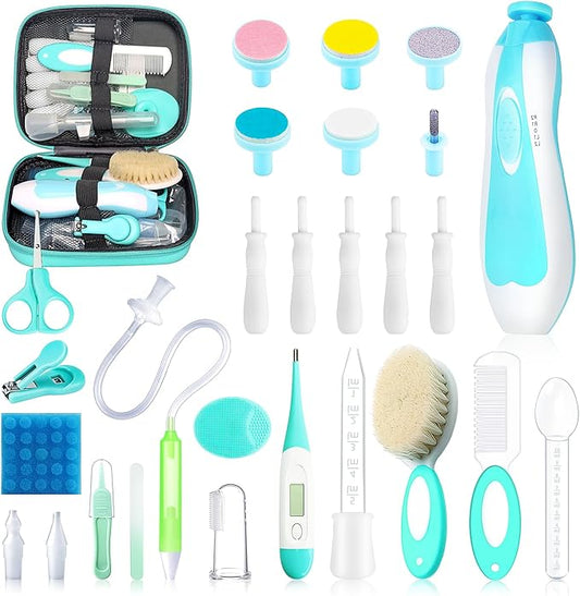Baby Healthcare and Grooming Kit, 28 in 1 Portable Baby Essentials Kit Electric Nail Trimmer Set with Gas Relief Hair Brush Comb Nasal Aspirator for Newborn Boys Girls (Green)-CubbioJoy