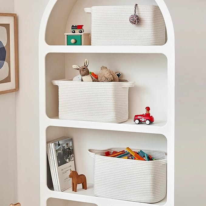 3 Packs Cotton Rope Woven Basket With Handles for Shelves -15"*10.2"*9.1"(White)-CubbioJoy