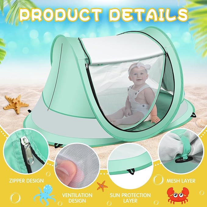 Baby Beach Tent,Large Pop Up Beach Tent Sun Shade for Beach,Portable Baby Travel Tent with Mosquito Net,Indoor Baby Play Tent,UPF 50+ UV Protection Sun Shelters for Infants-CubbioJoy