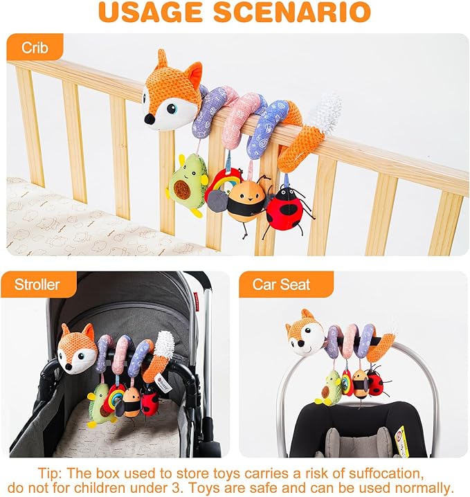 Jollybaby Baby Car Seat Stroller Toys, Plush Activity Hanging Spiral Activity Pram Crib with Music Box, Rattles, Squeaker for Babies Infant Boys Girls(Orange Fox)-CubbioJoy