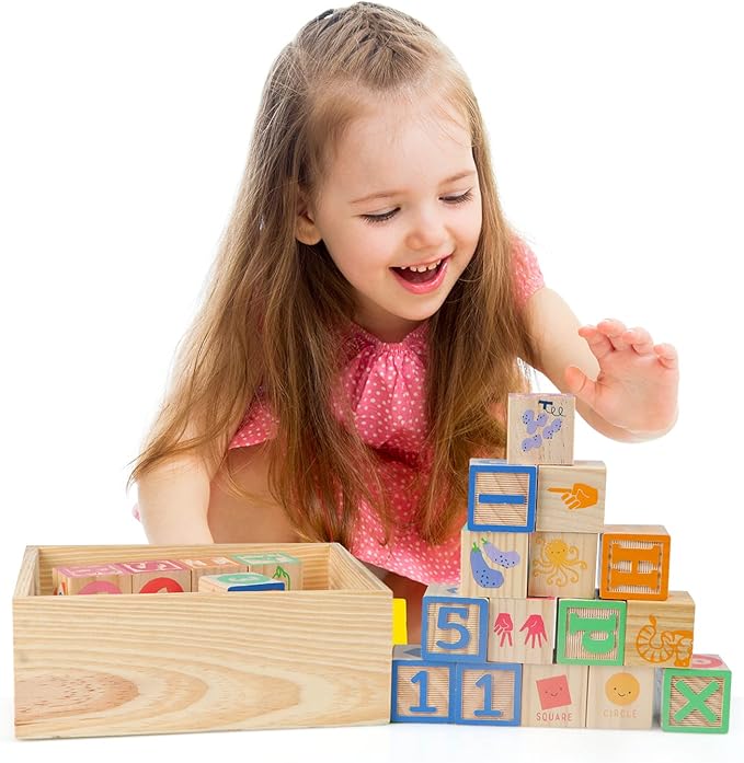 Joqutoys ABC Wooden Building Blocks for Toddlers 3 Large, 40 PCS Alphabet & Number Stacking Blocks with Storage Tray, Montessori Educational Learning Toys for Boys Girls Kids Gifts 1.65"-CubbioJoy