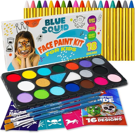Blue Squid Face Paint Kit & Body Crayon Sticks Bundle - 18-color Face Painting Kit for Kids & 18 XL Crayons & Markers for Skin with 18x Stencils, Brushes, and Design Book, Ideal for Toddlers & Parties-CubbioJoy