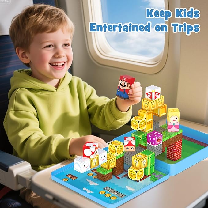 49PCS Mini Magnetic Tiles Travel Toys for Kids Ages 4-8, Magnetic Building Blocks Adventure Set with Portable Iron Storage Box & Play Base, STEM Learning Activities for Toddlers 3-5-CubbioJoy